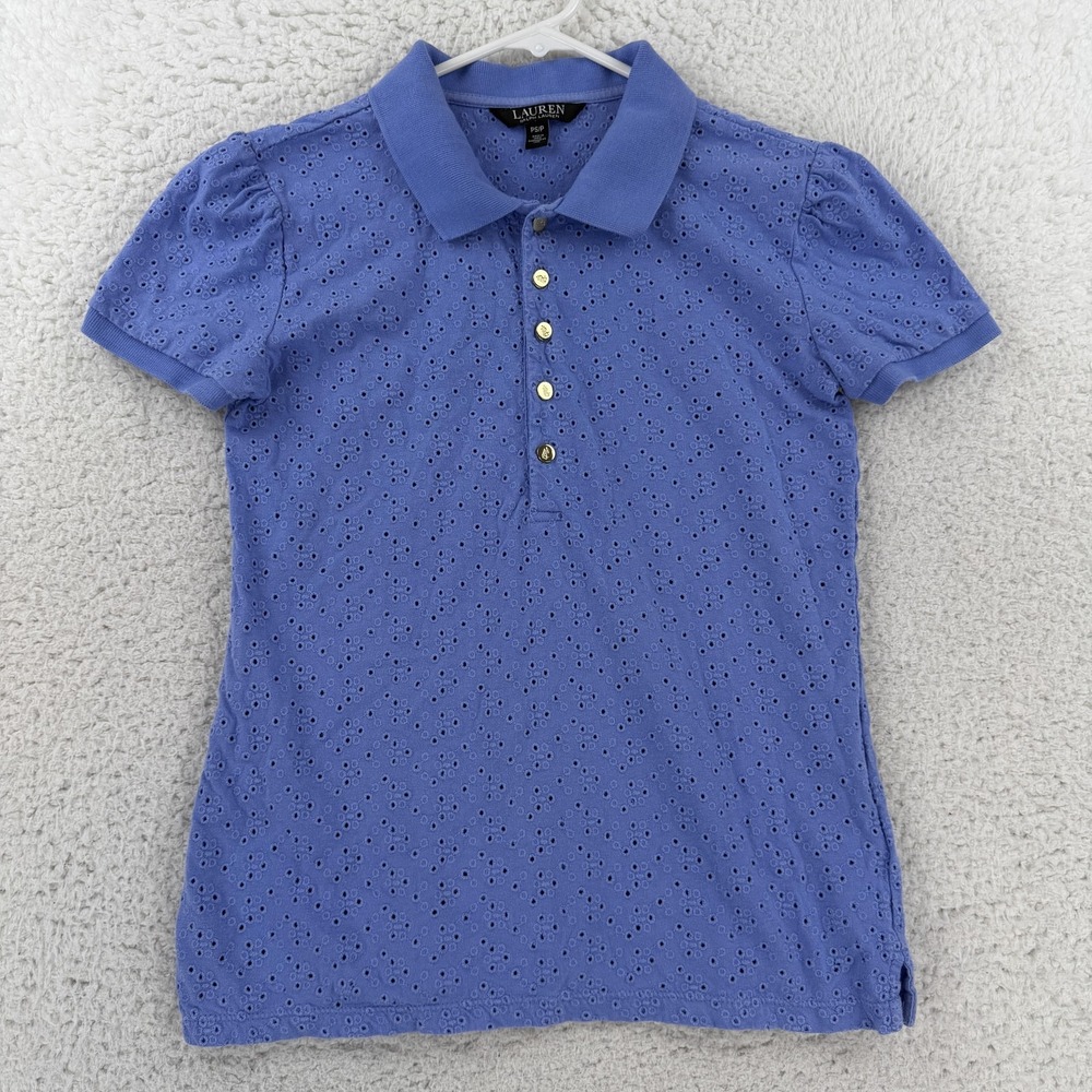 Lauren Ralph Lauren Polo Shirt Womens PS Blue Eyelet Puff Sleeve Cotton Top